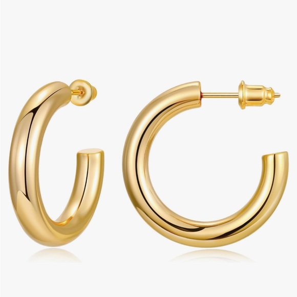 14K Gold Plated Lightweight Chunky Open Hoops | Trendy Gold Hoop Earrings - Picture 3 of 5
